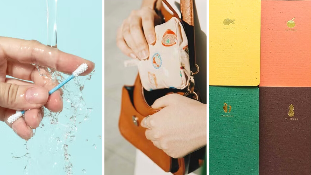 由左至右：LastObject 可重覆使用 1000 次的棉花棒｜agooday Pockeat 環保食物袋｜WOOPAPERS 蕪蕪紙創 經典種子紙口袋筆記本