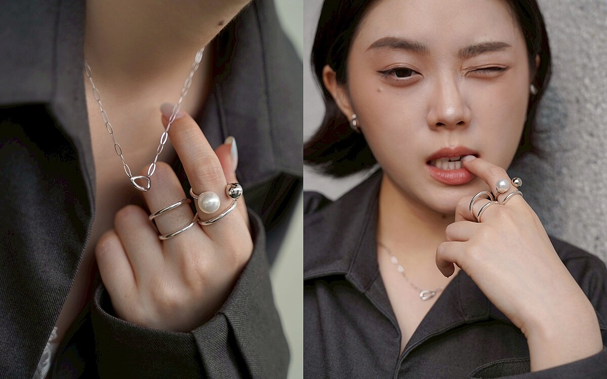 不規則橢圓鏤空項鍊、立體線條雙指戒指、大小珍珠開口戒指。
