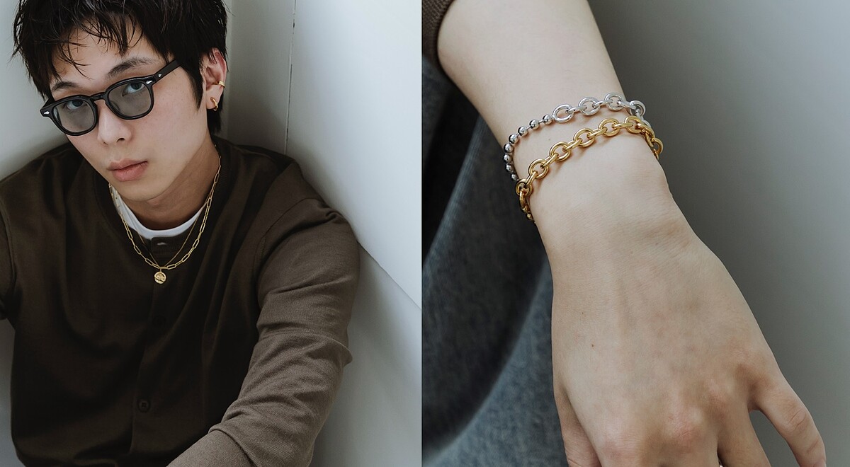 左：摩登橢圓鍊式長項鍊、亮面金幣造型項鍊、扭紋圈型擁抱夾式耳環、寬版俐落耳釦。右：小豆/球球雙鍊拼接手鍊（金/銀）