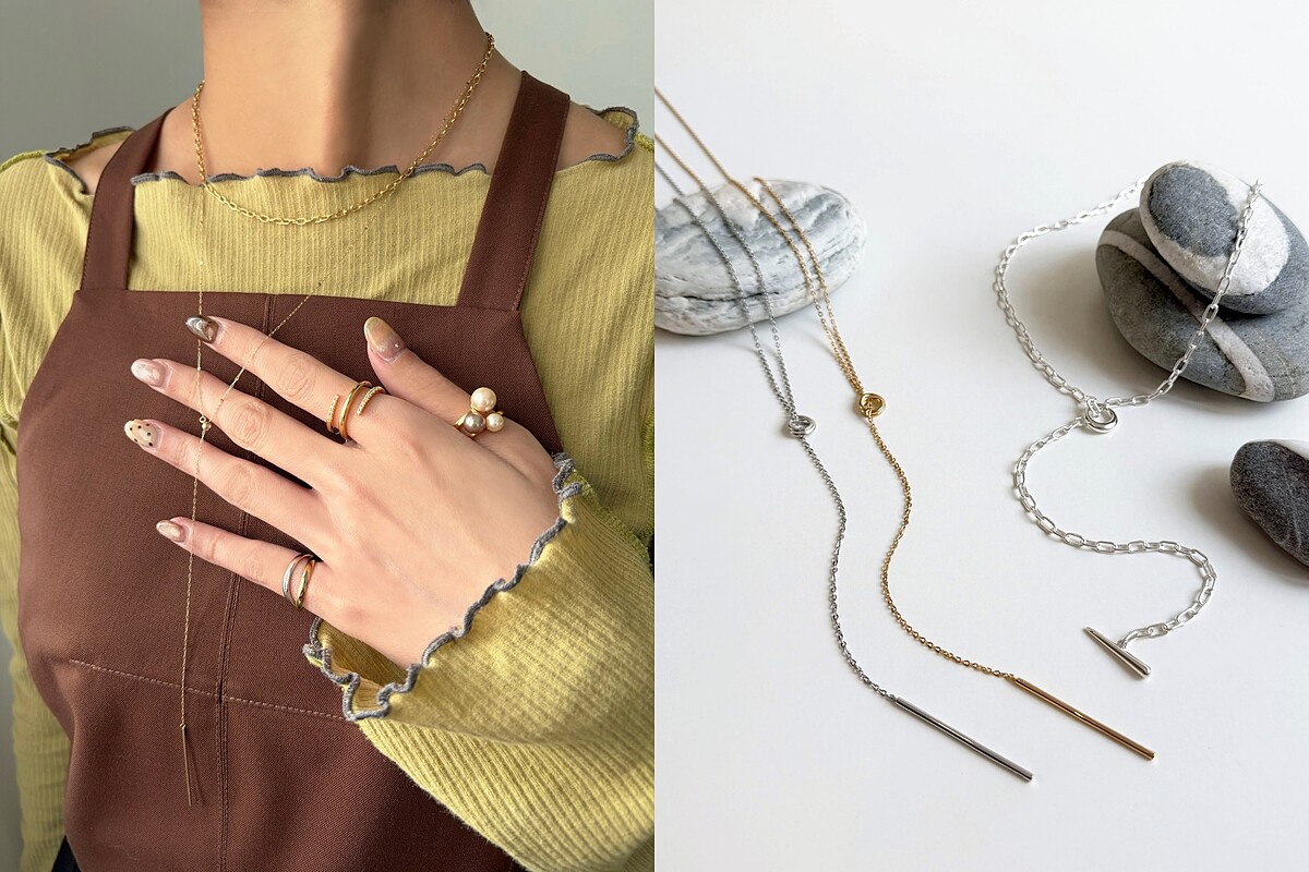 細繩纏繞線條垂墜Y字項鍊（金/銀）、摩登中性T字釦項鍊