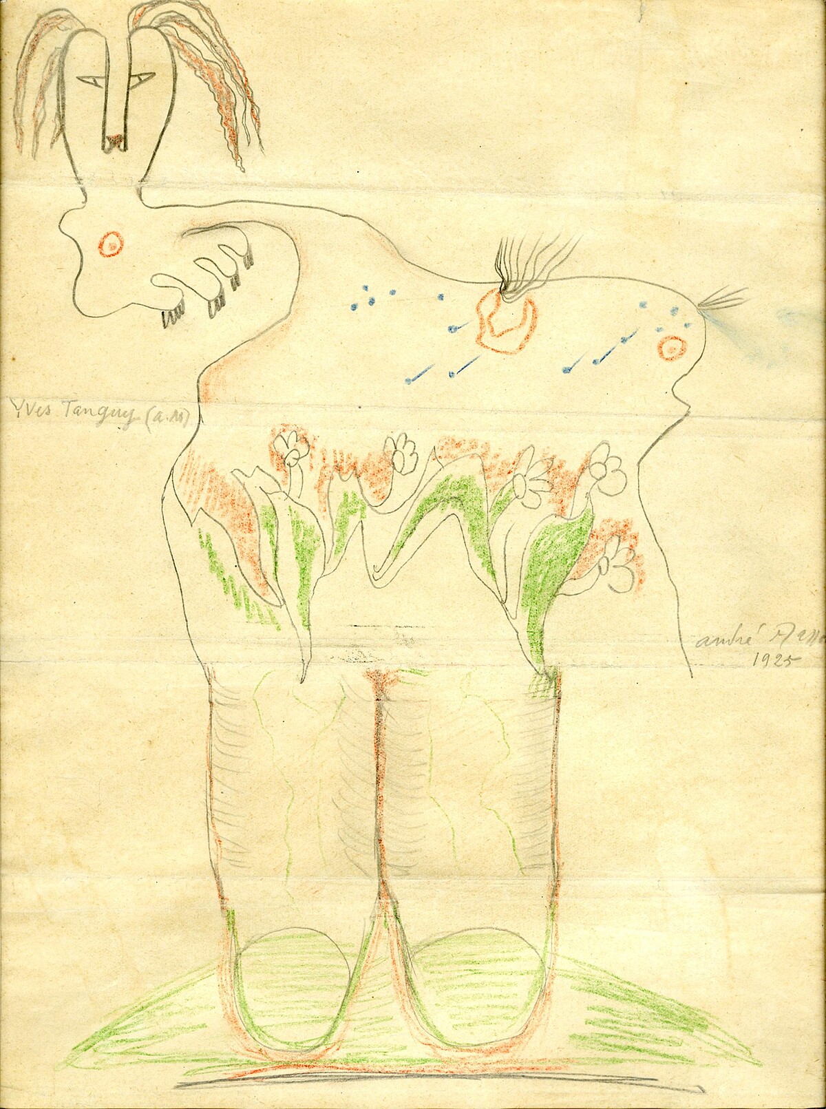 伊夫．唐吉、安德烈．馬森等人，《精緻屍體》，1925，彩色鉛筆、紙本，28 &times; 21.6 公分。&copy; VG Bild-Kunst, Bonn, 2026, Courtesy Galerie 1900-2000 and Galerie Natalie Seroussi.