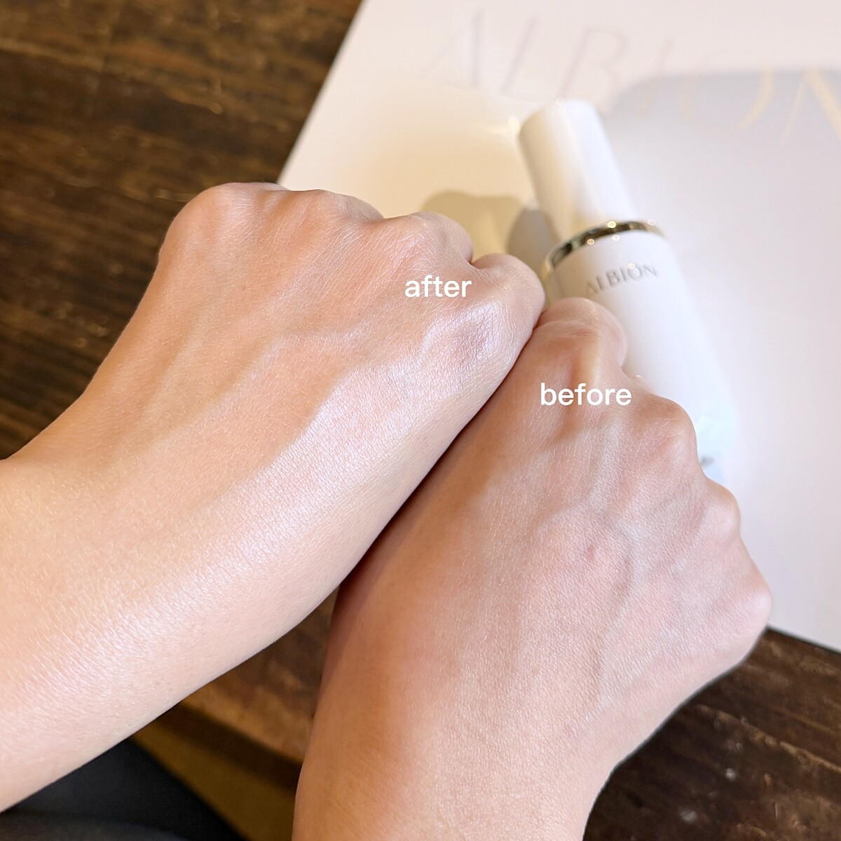 ALBION匠心凝時曜光UV防禦精使用前、後比較。