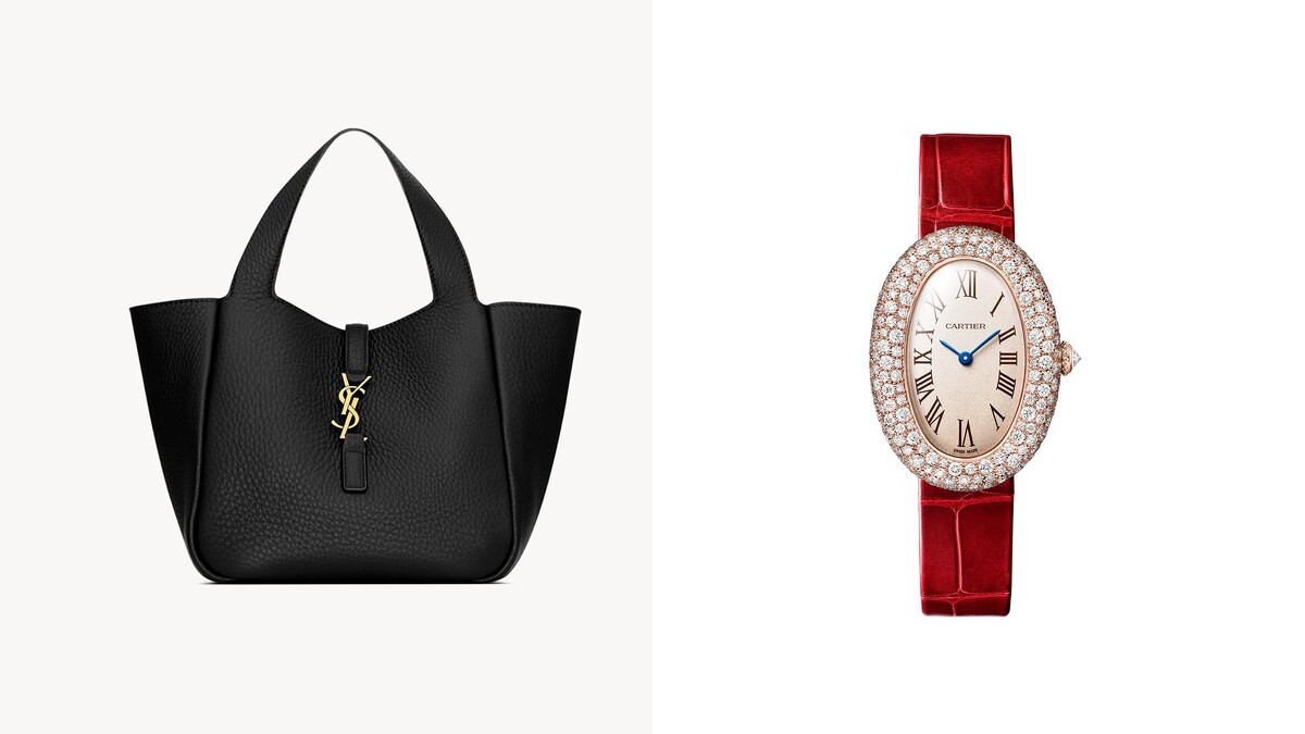 (左) SAINT LAURENT LE 5 &Agrave; 7 BABY BEA 粒面皮革手袋 / (右) Cartier Baignoire玫瑰金鑲鑽腕錶