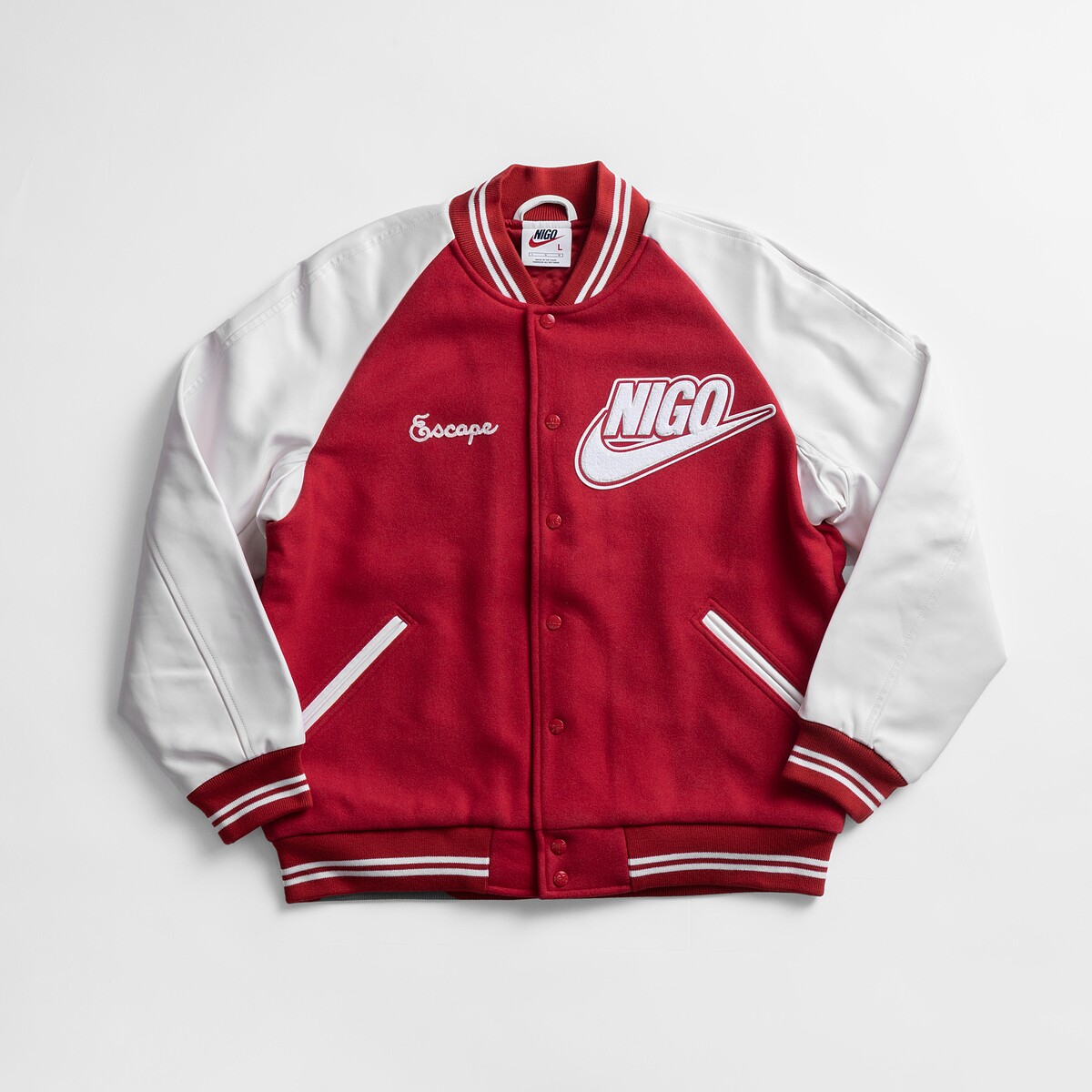 NIGO x Nike Red Varsity Jacket, featuring in NIGO: From Japan with Love at the Design Museum. Photo courtesy of NIGO.
