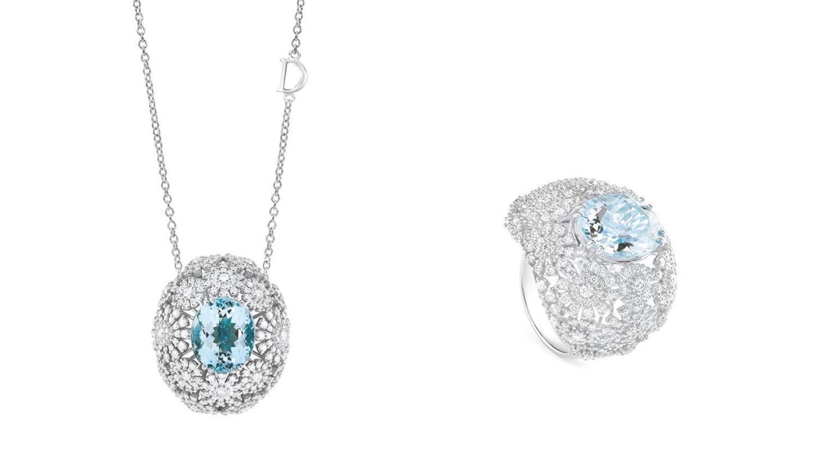DAMIANI Margherita瑪格麗特系列18K白金海水藍寶石與鑽石項鍊(鑽石總重約1.89克拉，海水藍寶石重量4.35克拉)、18K白金海水藍寶石與鑽石戒指(鑽石總重約1.89克拉，海水藍寶石重量4.05克拉)。
