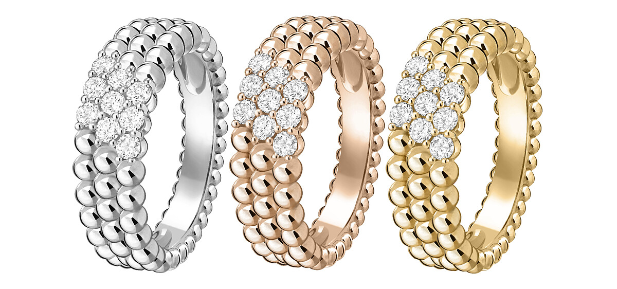 Perl&eacute;e diamonds 戒指，3排鑲鑽設計(18K白金，鑽石)；Perl&eacute;e diamonds 戒指，3排鑲鑽設計(18K玫瑰金，鑽石)；Perl&eacute;e diamonds 戒指，3排鑲鑽設計(18K黃金，鑽石)。