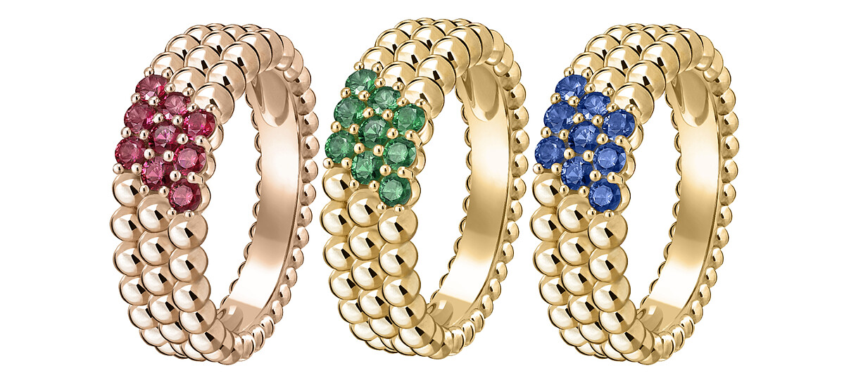 Perl&eacute;e couleurs戒指，3排圓珠設計(18K玫瑰金，紅寶石)；Perl&eacute;e couleurs戒指，3排圓珠設計(18K黃金，祖母綠)；Perl&eacute;e couleurs戒指，3排圓珠設計(18K黃金，藍寶石)。