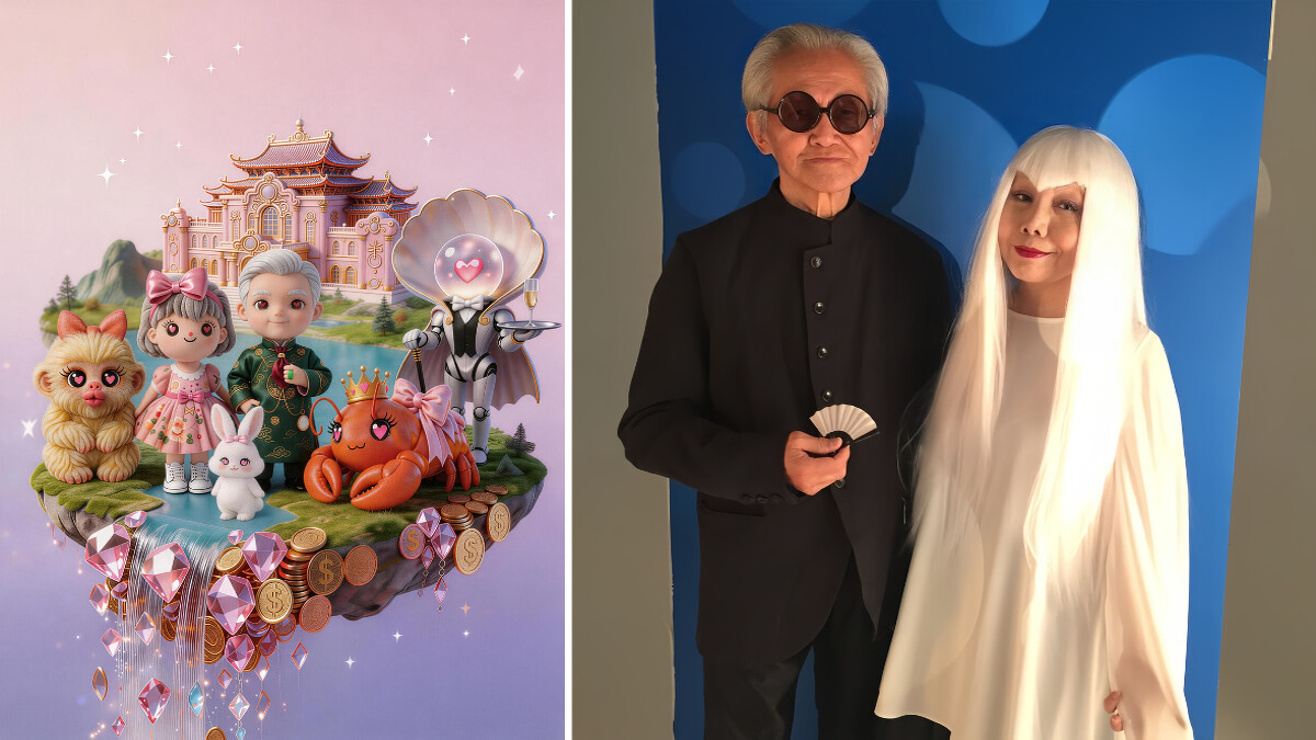 左圖：《啵啵宇宙家族合照》，LuLu & YiYi X AI RenRen，2026年。右圖：陸蓉之與身為中國藝術史學術與鑑定泰斗的丈夫傅申合影，2016年。