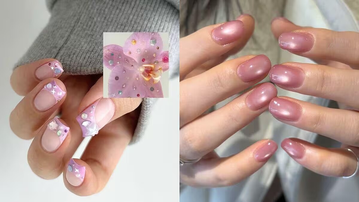 桃粉美甲範本。