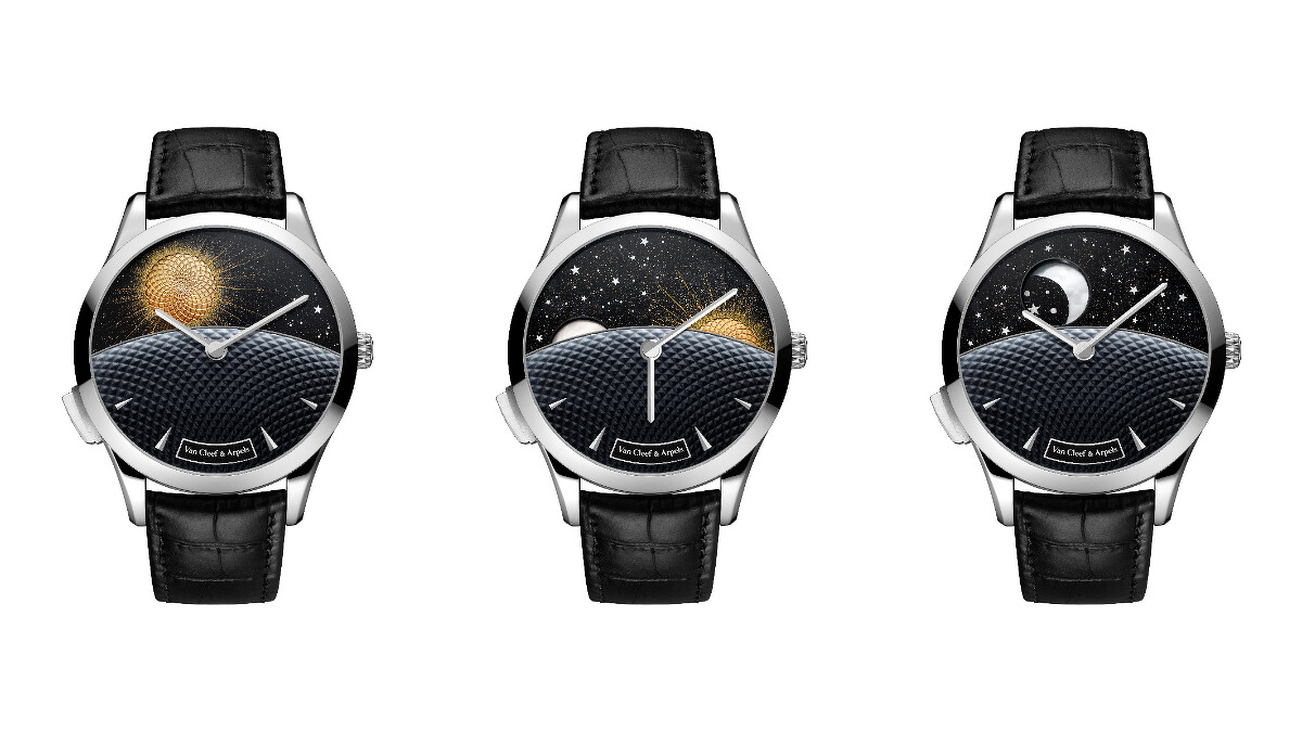 Van Cleef & Arpels 梵克雅寶Midnight Jour Nuit Phase de Lune 腕錶，白K金、黃K金、白色珍珠母貝、砂金玻璃、自動上鏈機械機芯，搭載一枚結合月相顯示及日/夜顯示的機械模組、按需動態模組。