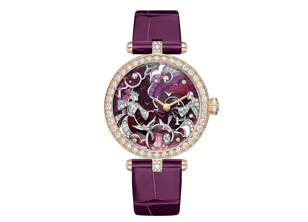 Van Cleef & Arpels 梵克雅寶Lady Retrouvailles C&eacute;lestes 腕錶，玫瑰金、白K金、粉紅色藍寶石、白色珍珠母貝、鑽石、琺瑯、微型彩繪、手動上鏈機械機芯。