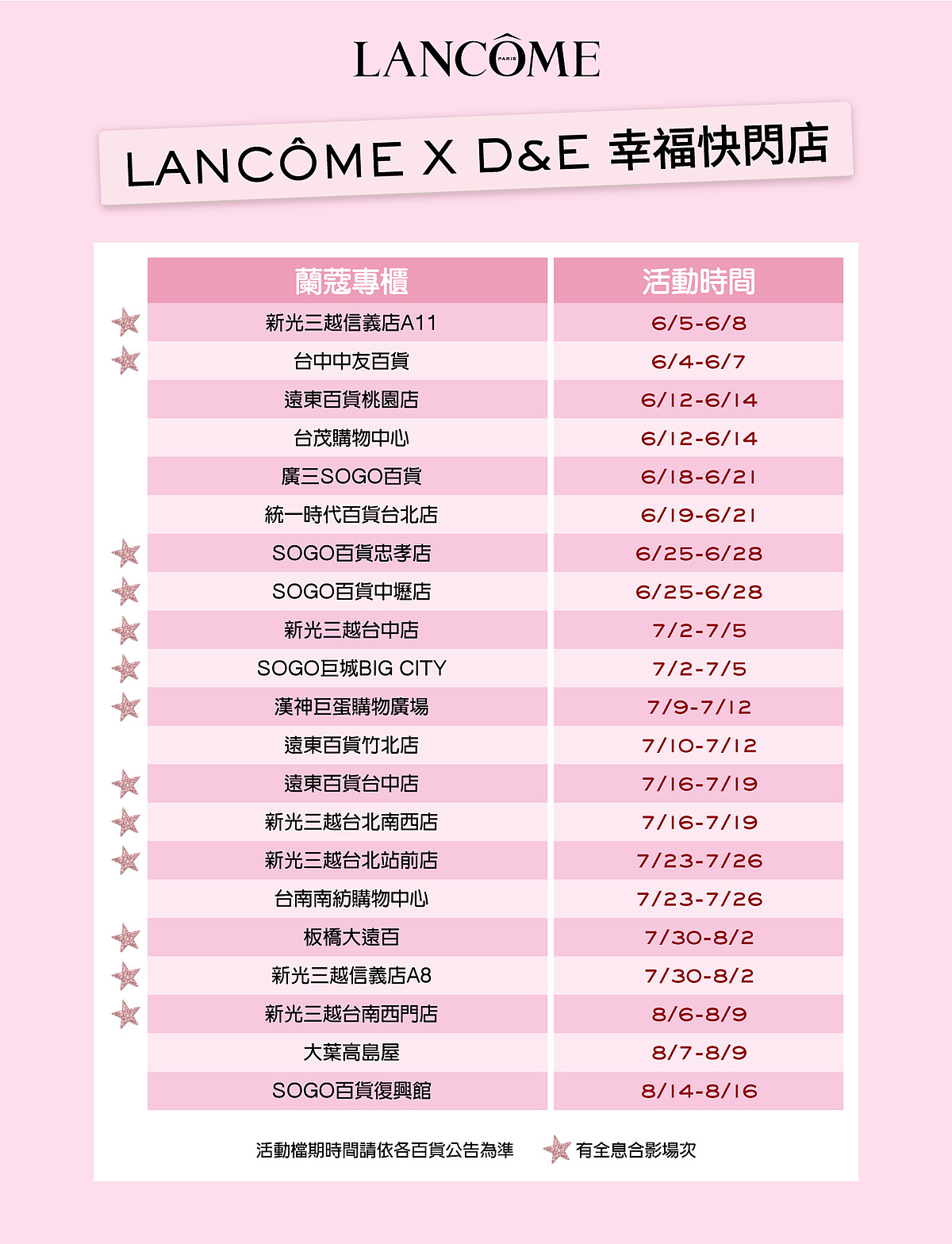 LANCOME X D&E幸福快閃店全台百貨場次表。