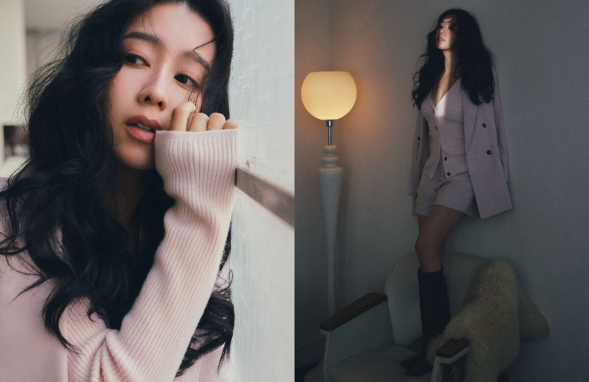 粉色羊毛西裝外套、 粉色羊毛上衣、 粉色羊毛短褲 (all by Max Mara )