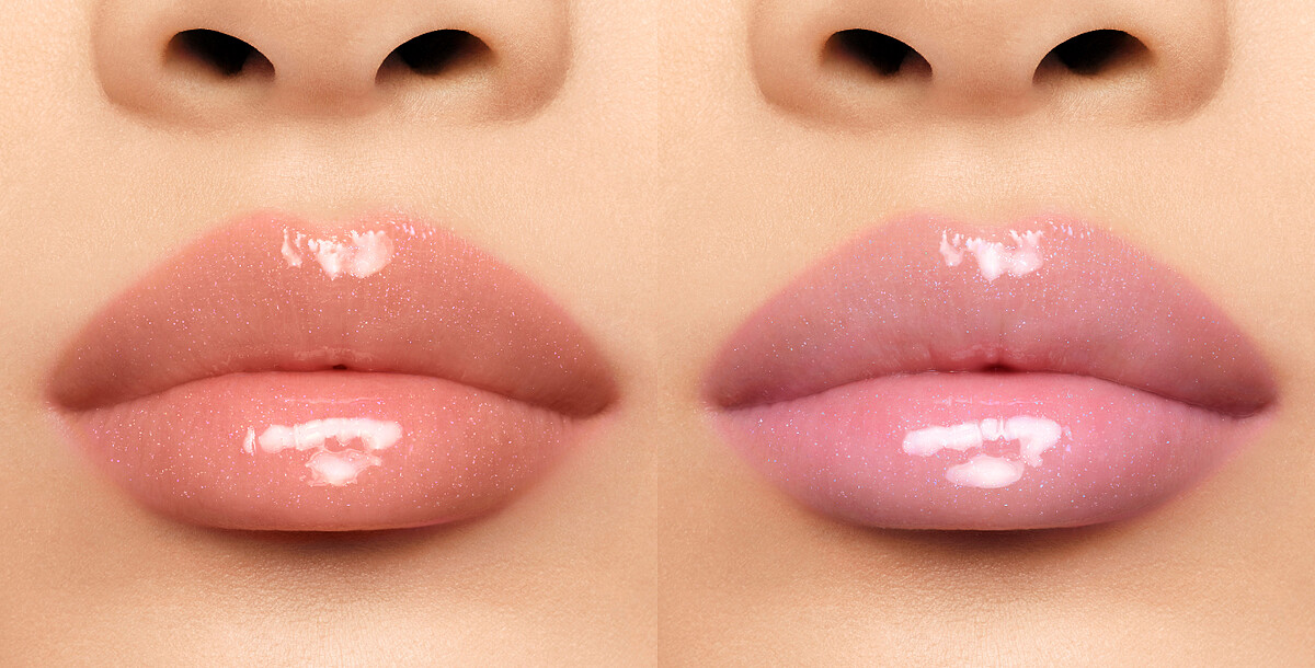 (左)KISSKISS 法式之吻波光蜜漾豐唇露100 WARM GLOW香檳粉、(右)KISSKISS 法式之吻波光蜜漾豐唇露200 COOL GLOW 冰川藍。