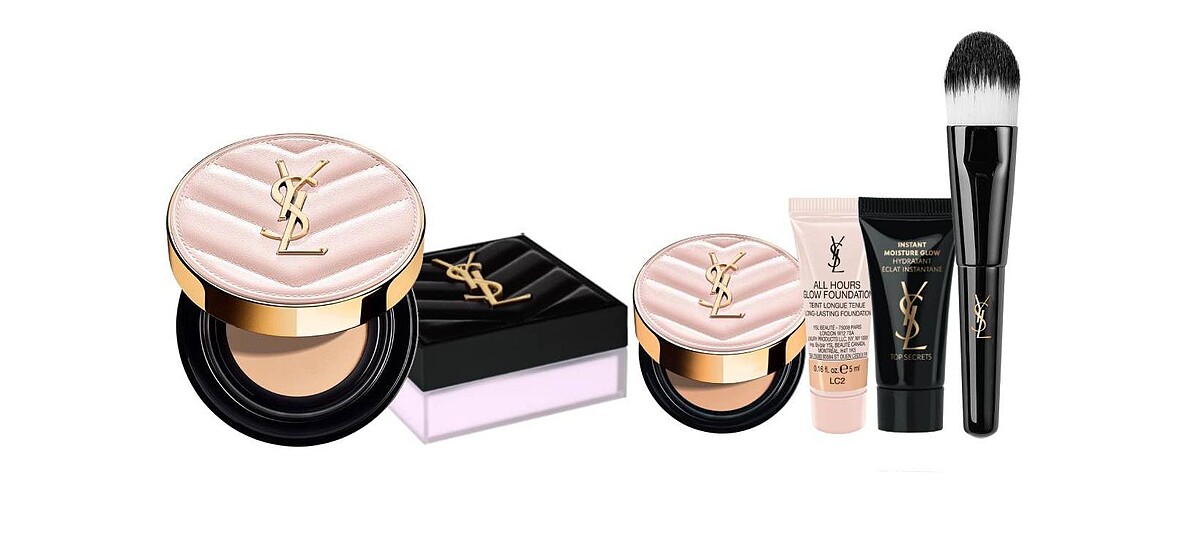 圖片來源:YSL Beauty|凡購買【恆久完美持久柔霧蜜粉】&任 1 底妝,享「裸光粉底露 5ml、名模肌密光燦水凝露 5ml、超模光感精華水氣墊 迷你正貨、YSL 訂製底妝刷」。