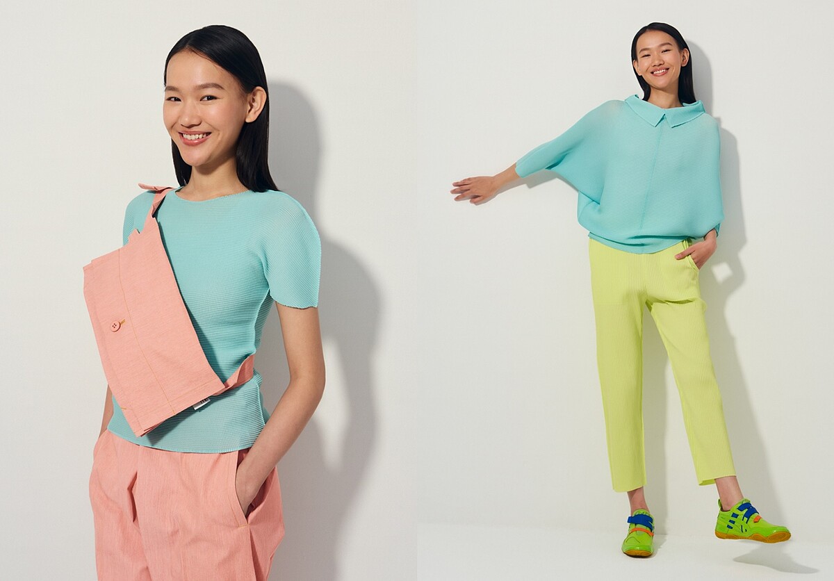 STRETCH PLEATS 1圓領短袖上衣、FLAT DENIM BAG斜背包、FLAT DENIM SEASONAL拉腰寬管長褲；DOLMAN STRETCH PLEATS 1翻領連袖上衣、FINE KNIT PLEATS COLOR 1直筒褲。