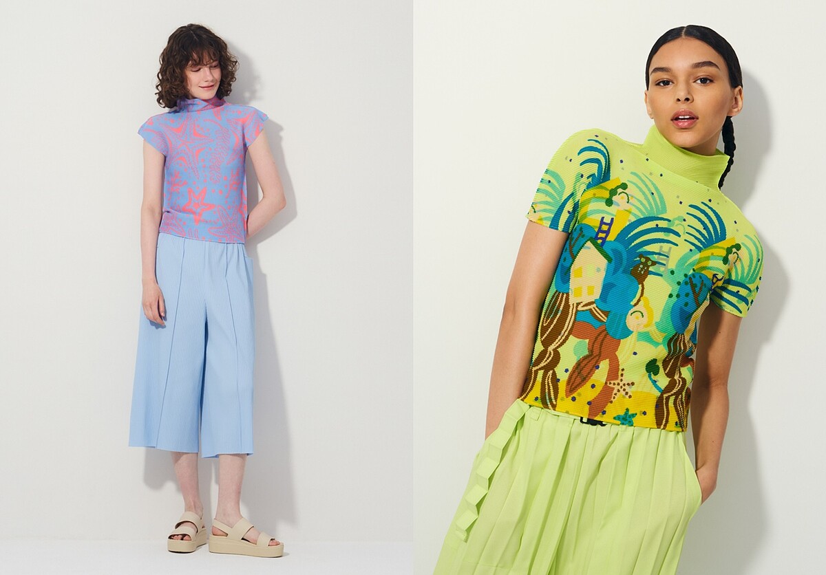 STARFISH高領包袖上衣、FINE KNIT PLEATS COLOR 1寬管八分褲；ISLAND高領短袖上衣、TREE PLEATS拉腰寬管褲。