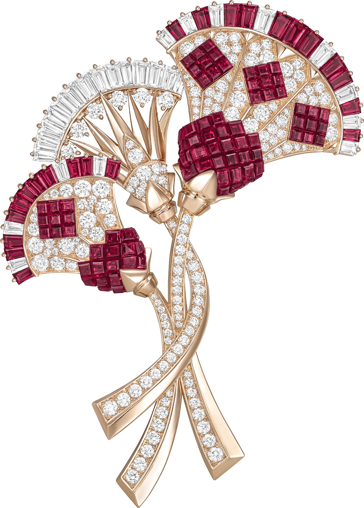 Fleur de lotus Mysterieuse 胸針(玫瑰金、黃K金、Traditional Mystery Set傳統隱密式鑲嵌紅寶石、紅寶石、鑽石)