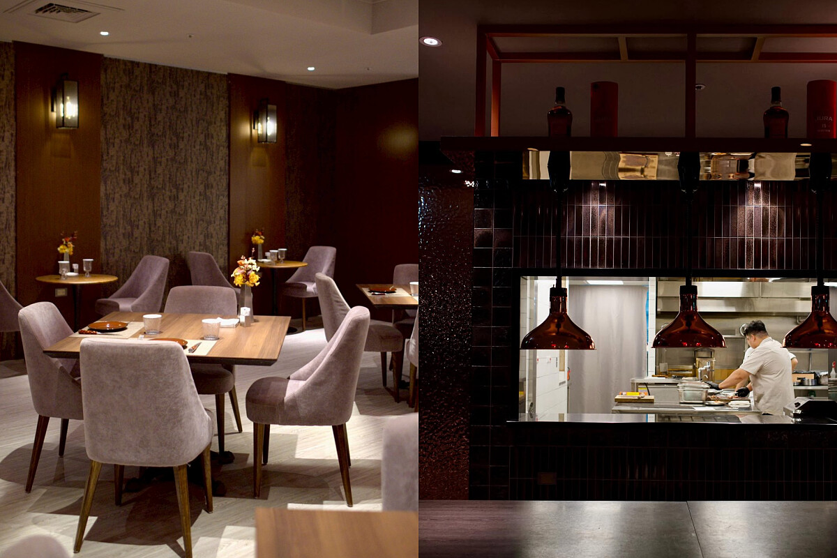 「AURA Bar & Grill」空間以大片火炭色牆面與深色木質為主調。