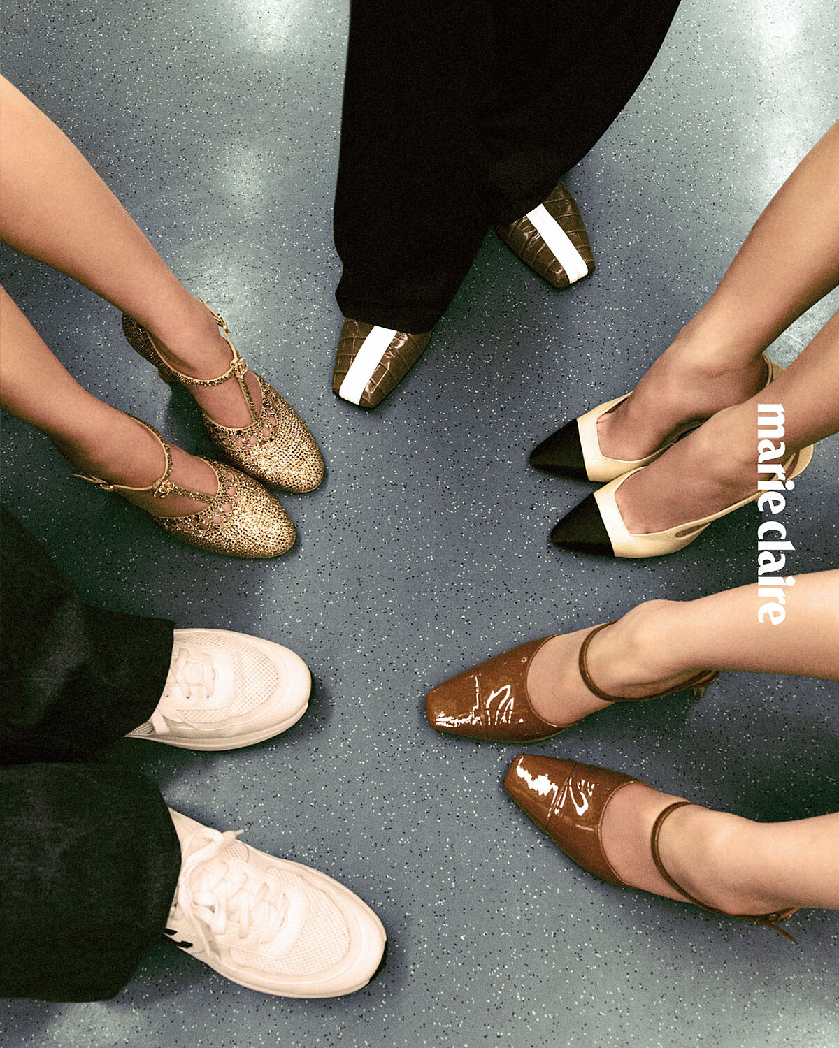 （左至右） Nah：黑色運動鞋，CHANEL。 Dana：瑪莉珍鞋，CHANEL。 Hsu：鱷魚壓紋包頭鞋，CHANEL。 Momo：米黑雙色後繫帶鞋，CHANEL。 Park：棕色後繫帶鞋，CHANEL。