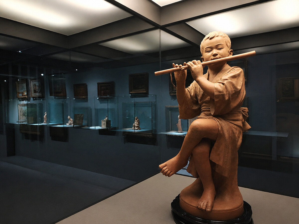 展覽現場，前景作品為荒川嶺雲（1868&ndash;1941），〈笛吹童子〈清涼〉〉明治 41 年（1908），櫻木，W25 &times; D38 &times; H73 cm，私人收藏。