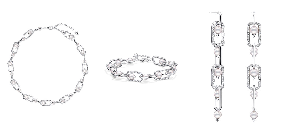 TASAKI danger links diamonds pave阿古屋珍珠& 18K白金鑲鑽項鍊、手鍊、耳環。