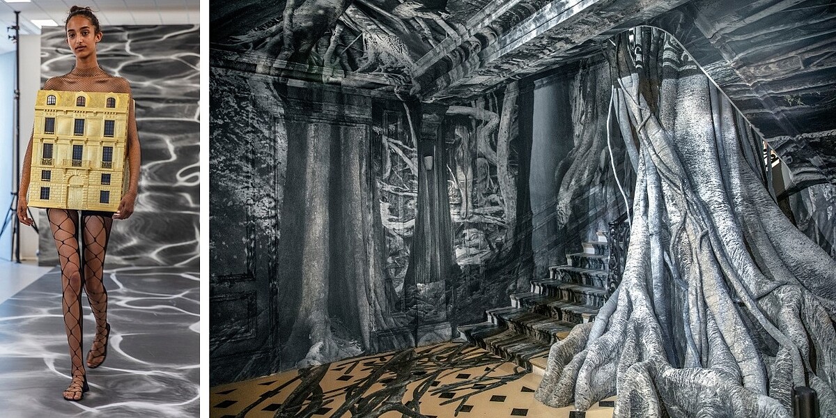  左｜Doll house in rehearsal 右｜ Dior Stairway with tree &copy; Penny Slinger _ DACS Images, Courtesy of the artist