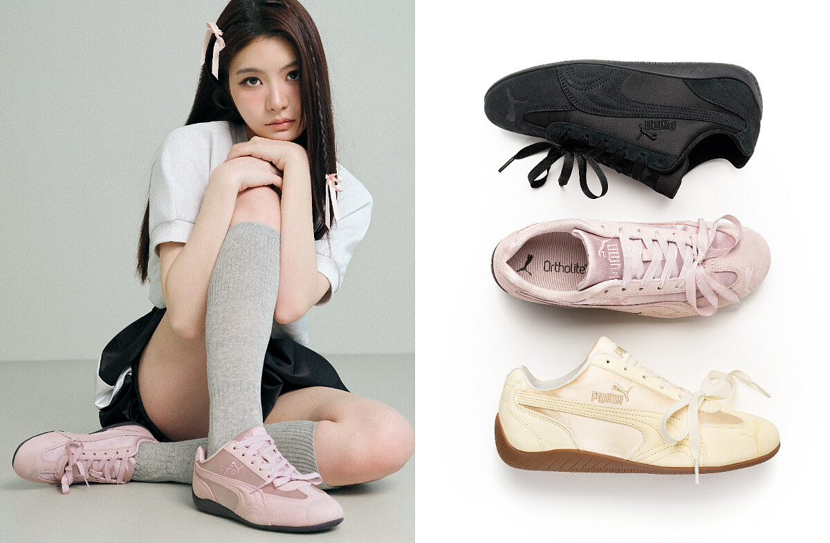 短版 PUMA LOGO 圓領衫、流行系列T7泡泡寬鬆短褲、PUMA SPEEDCAT Etoile玫瑰粉鞋款。