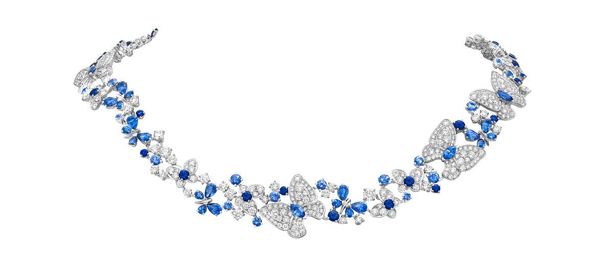 F&eacute;erie des papillons項鍊，18K白金、藍寶石、鑽石。