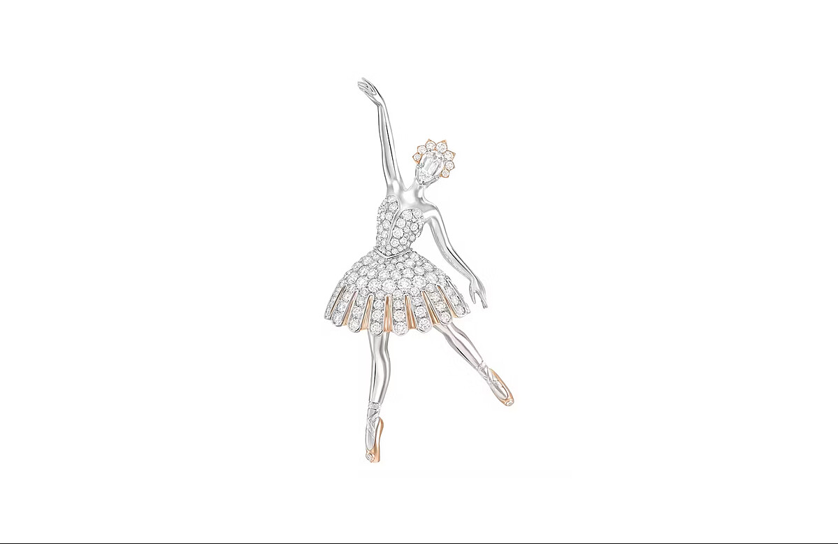 Arabesque ballerina胸針，18K白金、18K玫瑰金、鉑金、鑽石。