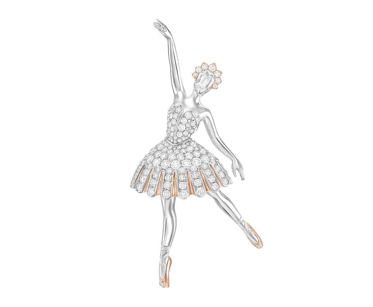 Signature高級珠寶系列 Arabesque ballerina胸針(18K白金、18K玫瑰金、鉑金、鑽石)。