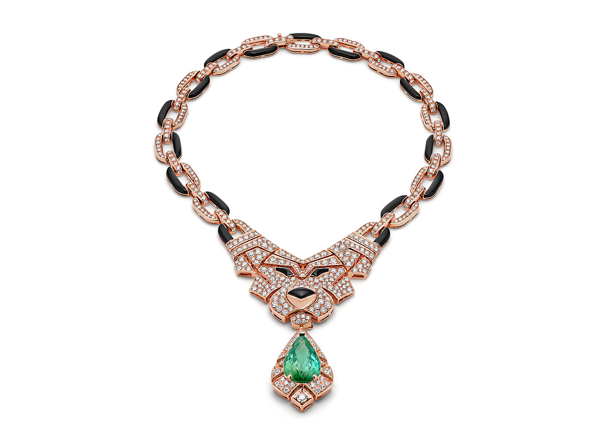 BVLGARI Mediterranea系列 Dessert Lion頂級玫瑰金彩寶與鑽石項鍊 頂級玫瑰金項鍊,鑲嵌縞瑪瑙、1顆梨形切割綠色碧璽(重約19.03克拉))與密鑲鑽石(D-F IF-VVS總重約19.68克拉)。