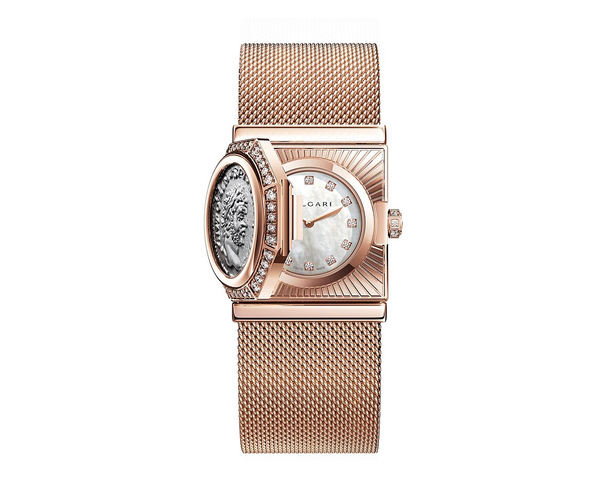 BVLGARI Maglia Milanese Monete 頂級玫瑰金古幣鑲鑽神秘腕錶 機芯 寶格麗自製Piccolissimo BVP 100微型機械機芯,手動上鍊,機芯厚度 2.50 毫米;時、分顯示;動力儲存 30 小時;振頻 21,600 Vph (3Hz)。