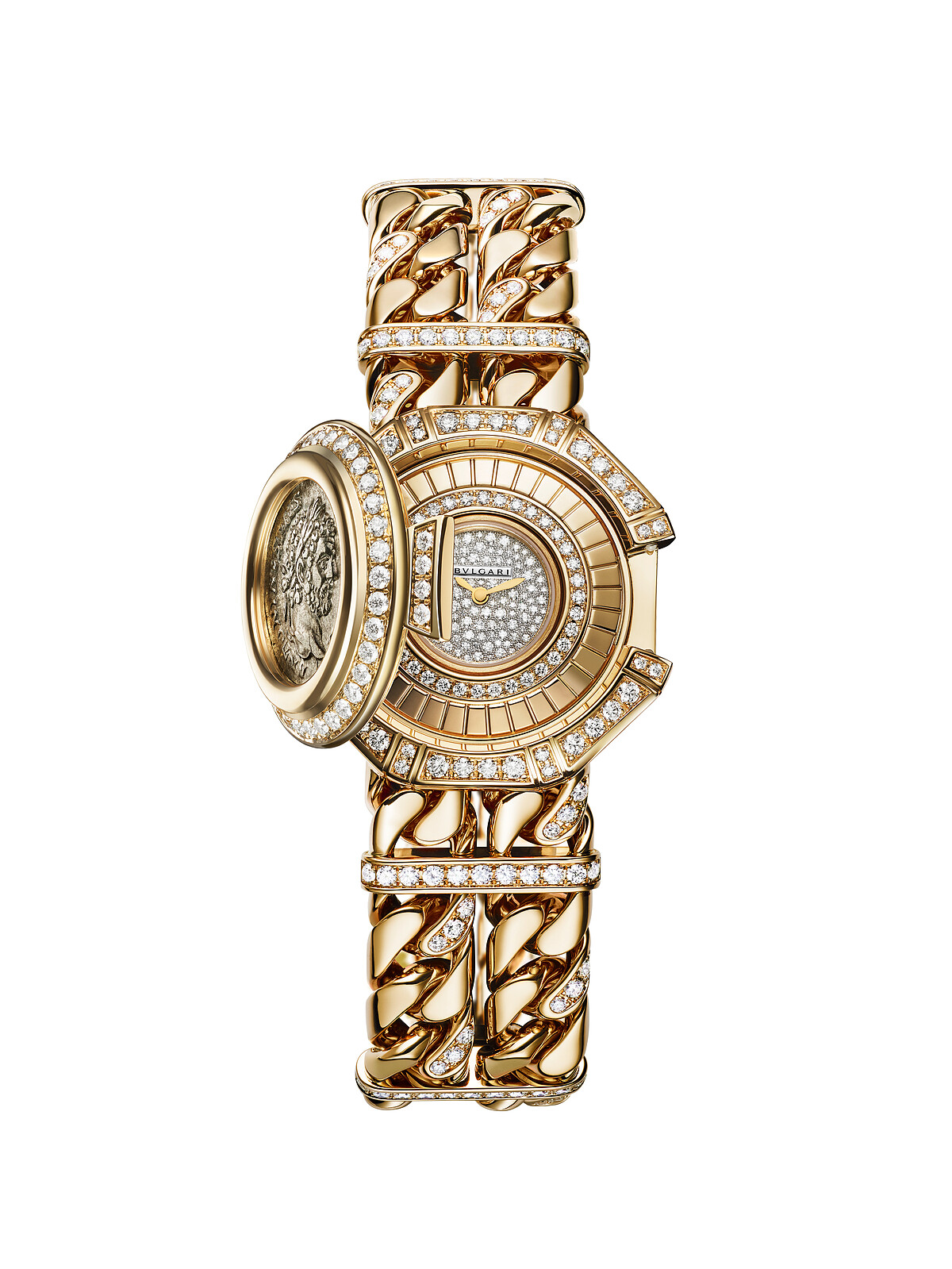 BVLGARI Monete Catene 頂級黃金古幣鑲鑽神秘腕錶 機芯 寶格麗自製BVL100微型機芯,手動上鍊;機芯厚度2.5 毫米;時、分指示;動力儲存 30 小時;振頻 21,600 vph (3 Hz)。
