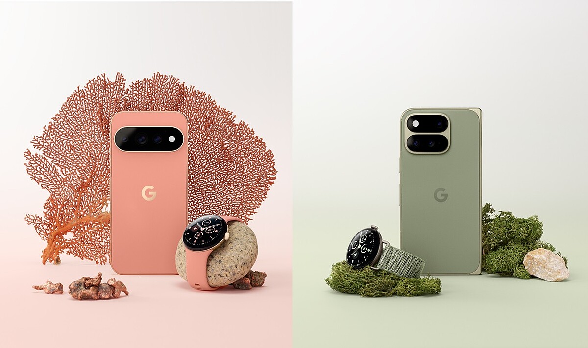 左為：Google Pixel 11 Pro、Pixel Watch 5 砂岩粉；右為：Google Pixel 11 Pro Fold 橄欖綠