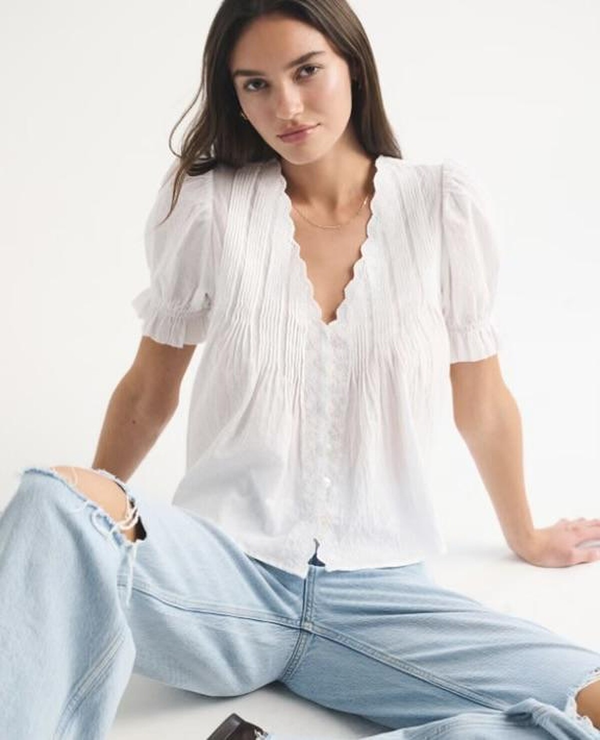 100% Cotton Pintuck Puff-Sleeve Blouse