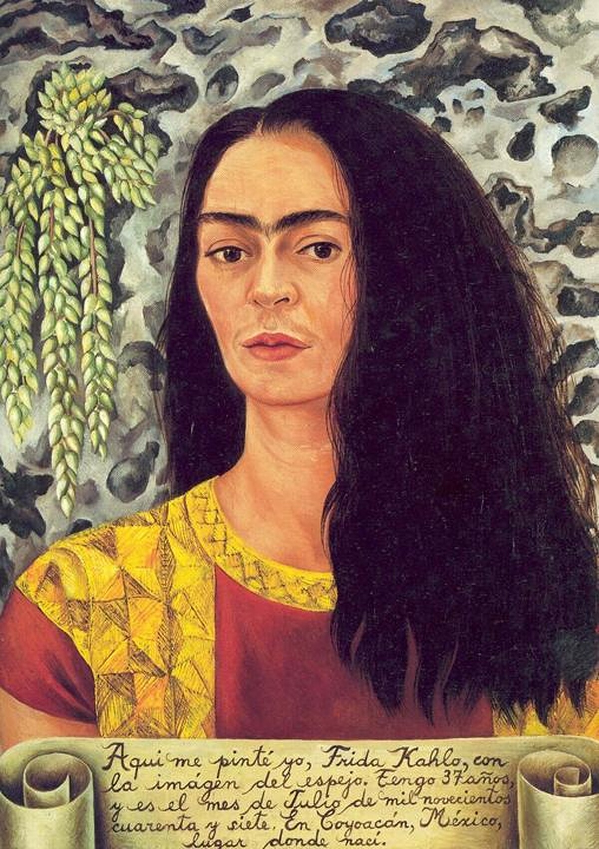 Frida Kahlo, Self-Portrait with Loose Hair 1946. Private collection. 畫作完成於赴紐約動了手術之後。畫中卡蘿消瘦、神情疲憊然而眼神堅毅，濃密一字眉和唇上短鬚，罕見卸下黑髮，據傳是為了迎合喜愛他一頭秀髮的迪亞哥。
