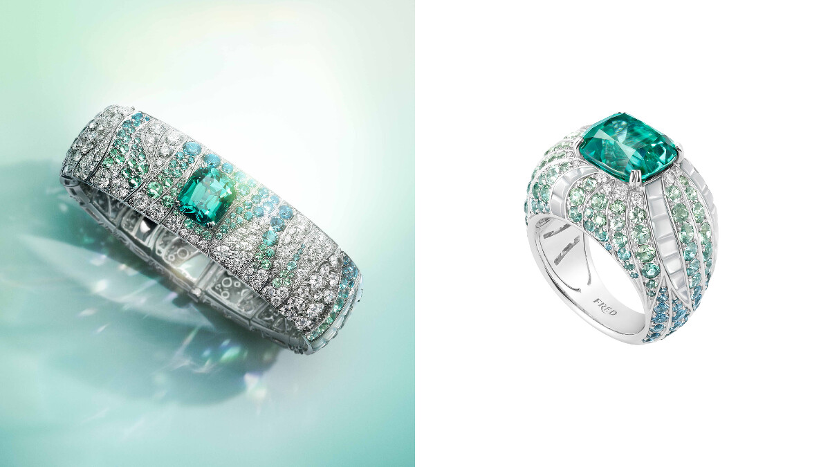 Crystalline Joy系列手鍊及戒指,以散發地中海色彩的枕形切割碧璽、鑽石組成