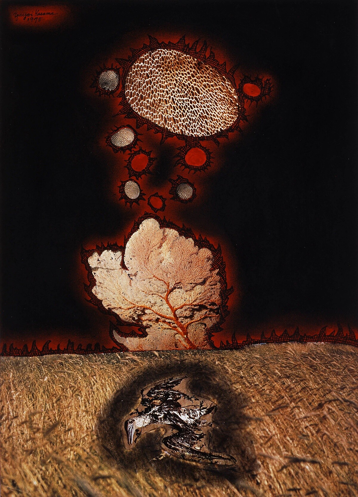 《如今你死了》,1975年,墨水及粉彩紙本拼貼,世田谷美術館藏,©YAYOI KUSAMA