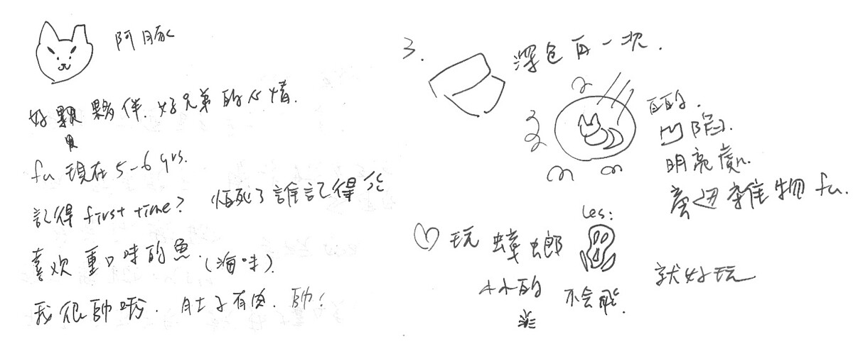 動物溝通師 Leslie 與阿豚連線時記下的手稿（局部）。