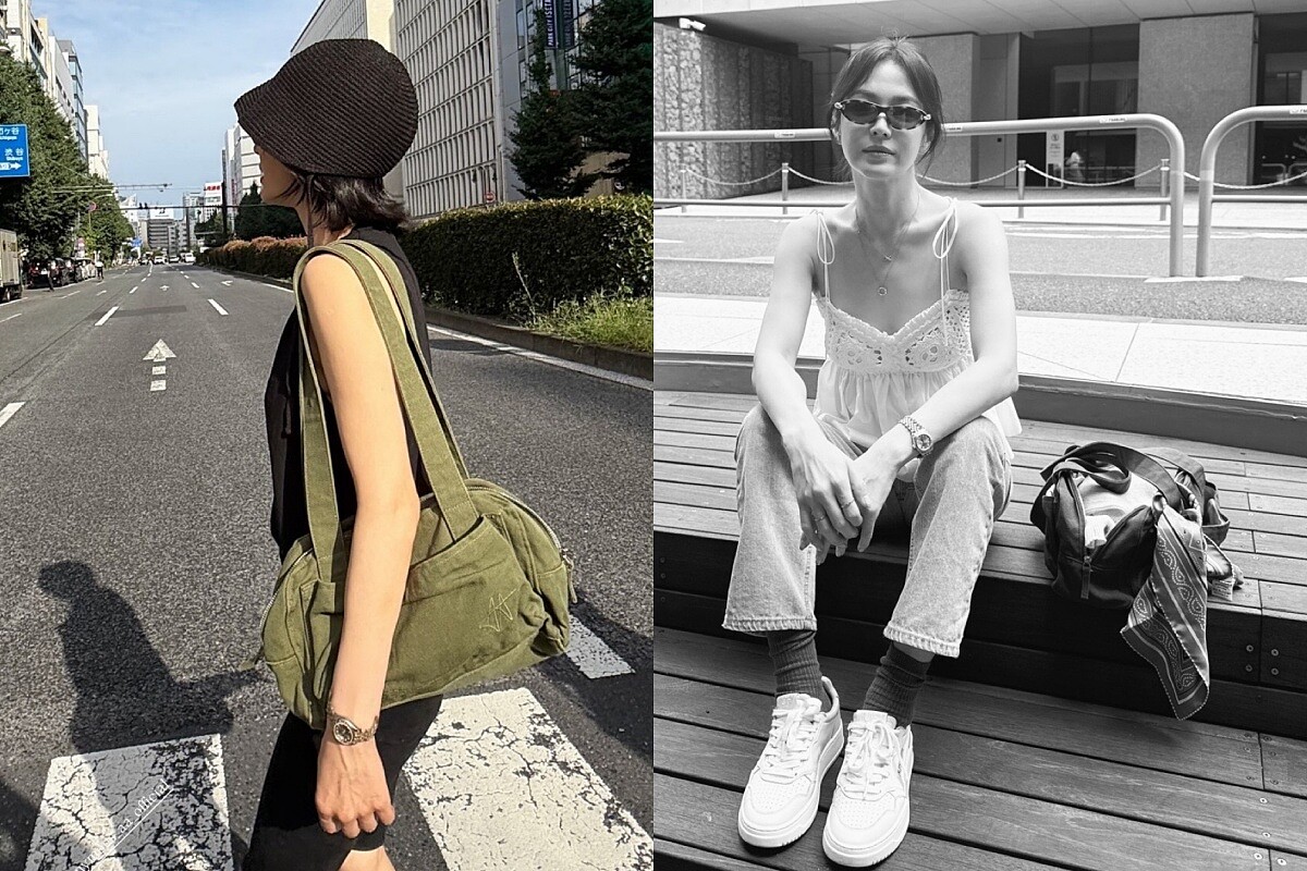 宋慧喬搭配黑色與橄欖綠色LUMOS VINTAGE BAG包款。