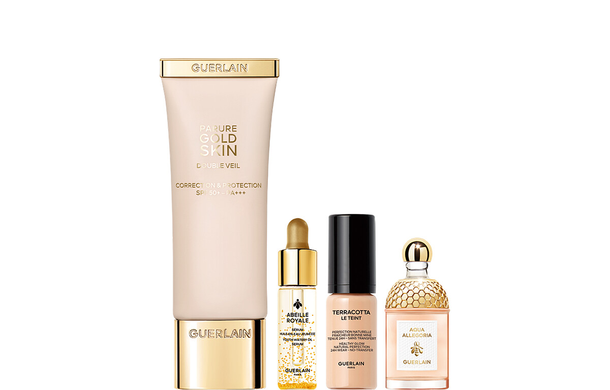 內含:24K純金奢緞光妝前乳 (正品)、提洛可粉底 5ml、蜂王乳平衡油精華 5ml、花草水語淡香水 7.5ml