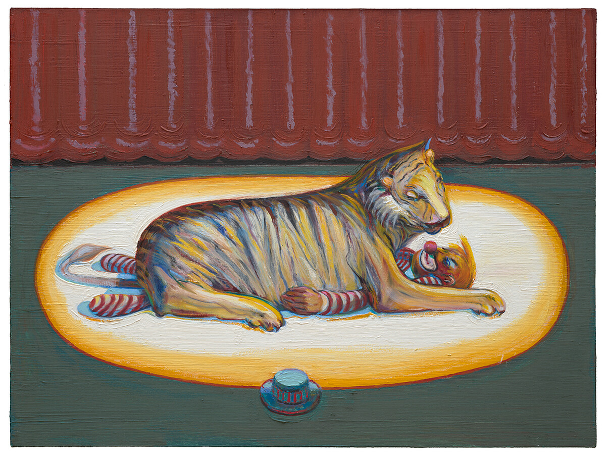 美國藝術家 Wayne Thiebaud 於2018–2019年創作油畫作品《小丑與野獸》(Clown and Beast)。