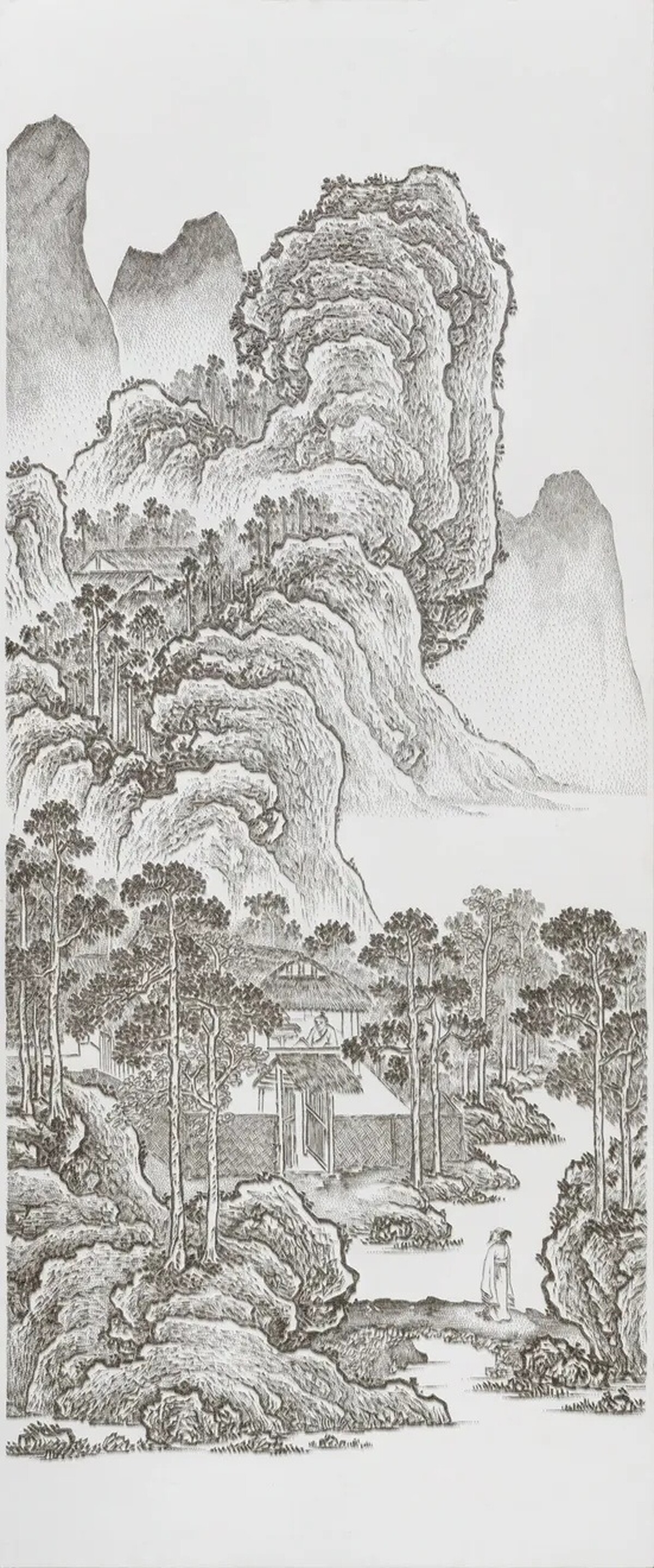 陳浚豪臨摹明王問畫山水,2018,不鏽鋼蚊釘、畫布、碳化夾板,258 x 108 cm,©TINA KENG GALLERY. ALL RIGHTS RESERVED.