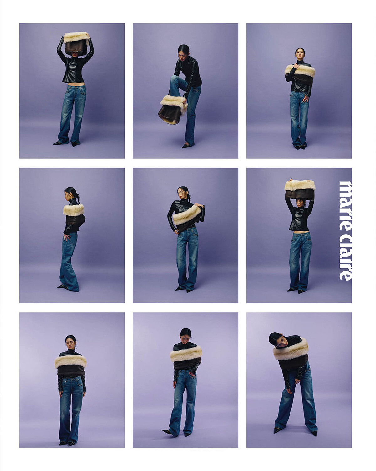 黑色皮革高領上衣、刷毛斗篷、修身牛仔褲、黑色高跟鞋,all by Gucci。