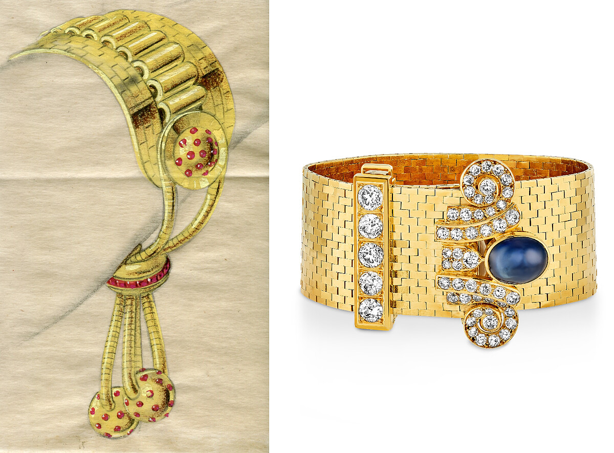 Ludo Pampilles手鐲草圖,約1946年_Van Cleef & Arpels Archives;Ludo手鐲,1937年(黃K金、藍寶石、鑽石)_Van Cleef & Arpels Collection。