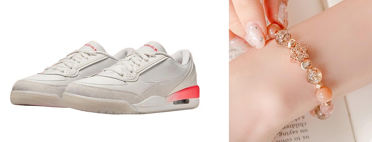 左:JORDAN帶來AIR JORDAN ULTRA新品,推薦價4,500元。右:GIFT ACC.豐年流韻 水晶手串,松高獨家,原價3,980元、優惠價3,390元,品牌多款水晶手串與純銀手鍊更會於週年慶期間另享買二送一優惠。
