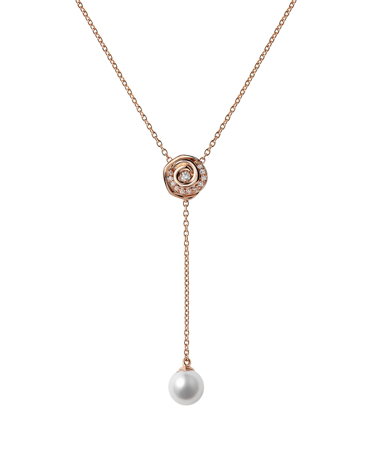 Rose Dior Couture 玫瑰金珍珠長項鍊，玫瑰金、鑽石、Akoya珍珠，參考價格 NTD 260,000