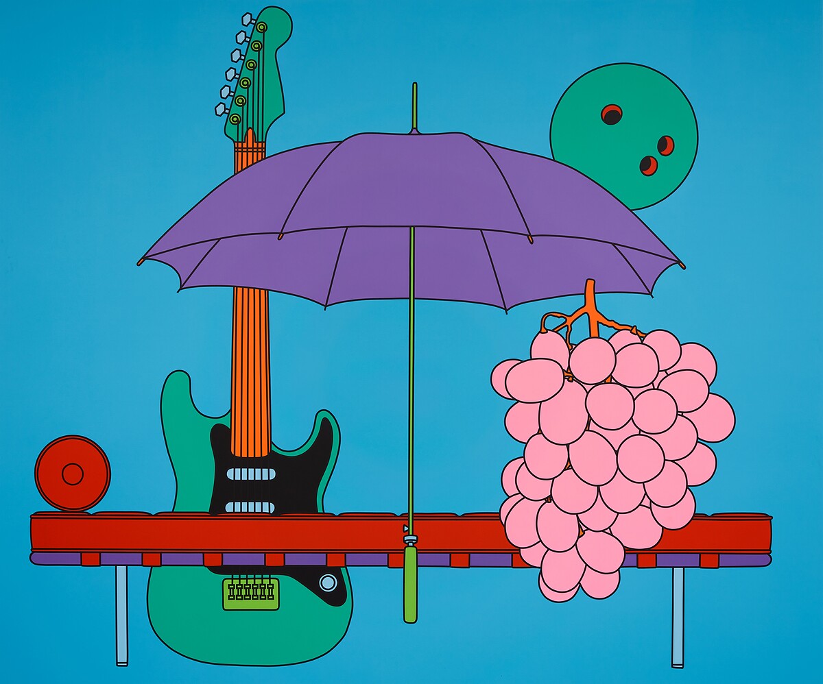 《室內(附躺椅)》2021,壓克力彩、鋁板,250 × 300 cm。©Michael Craig-Martin. Photo: Lucy Dawkins. Courtesy the artist and Gagosian