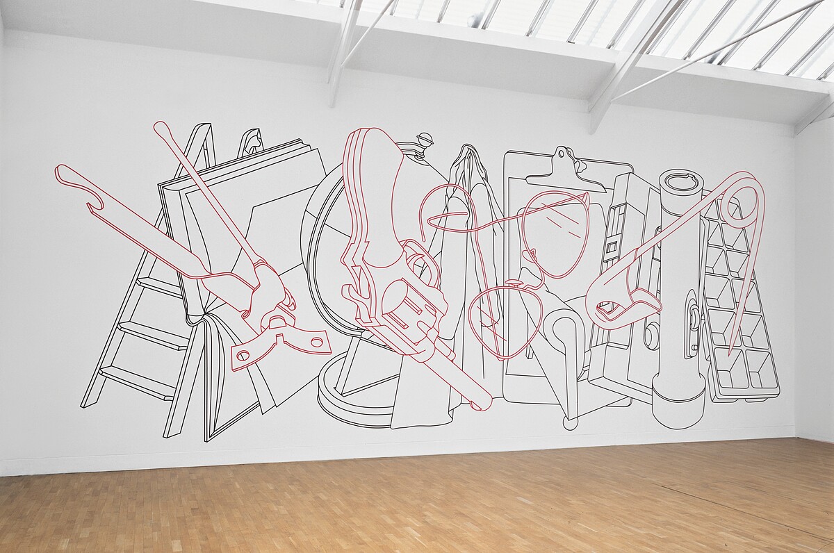 《現代舞》1981,膠帶、牆面,尺寸依場地而定。©Michael Craig-Martin. Shown with permission of the Frac Grand Large